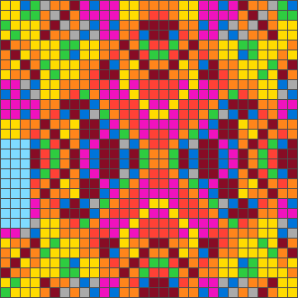 A dense, colourful 30 by 30 symmetric pattern with a sky blue rectangle covering nine rows and three columns at the left edge.