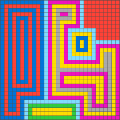 The expected output grid, with each region filled by nested coloured rings.