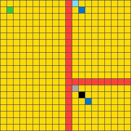 A mostly yellow 20 by 20 grid divided into regions by red lines, with a few single coloured pixels in the corner of each region.