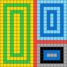 The same grid with every region filled by nested rectangular rings in the colours of its corner pixels.