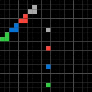 A black 20 by 20 grid with four small L-shaped objects along a diagonal and four single pixels in a column, one pair per colour.