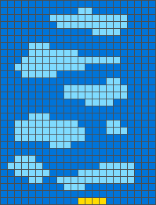 A 29 by 22 training input: pale blue shapes on a blue background with a short yellow marker at one edge.