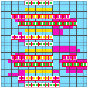 A 25 by 25 answer in which many cells are outlined in red because the green stripes are on the wrong rows.