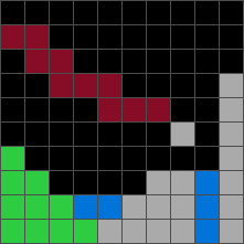 The correct answer. The blue cells fill the lowest gaps first, including the wide gap at the lower left.