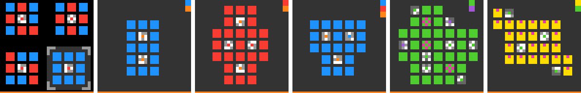 Six opening frames of ft09, one per level. Each shows a grid of square tiles in two colours with a few small patterned tiles.
