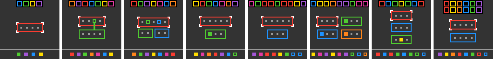 Eight opening frames of sb26, one per level. Each has a row of coloured outlines at the top, framed boxes with empty slots in the middle, and a row of coloured tokens at the bottom.