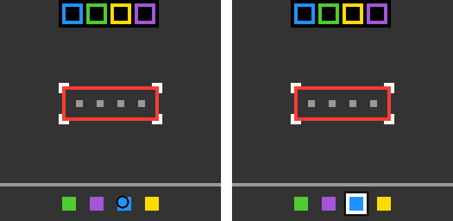 Two frames side by side. On the left a circle marks a token in the bottom row being clicked. On the right the same token has a white ring around it.