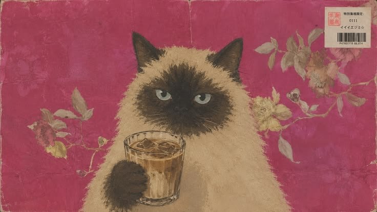 A painted Siamese cat holding a glass of iced coffee against a deep pink background with pressed flowers.