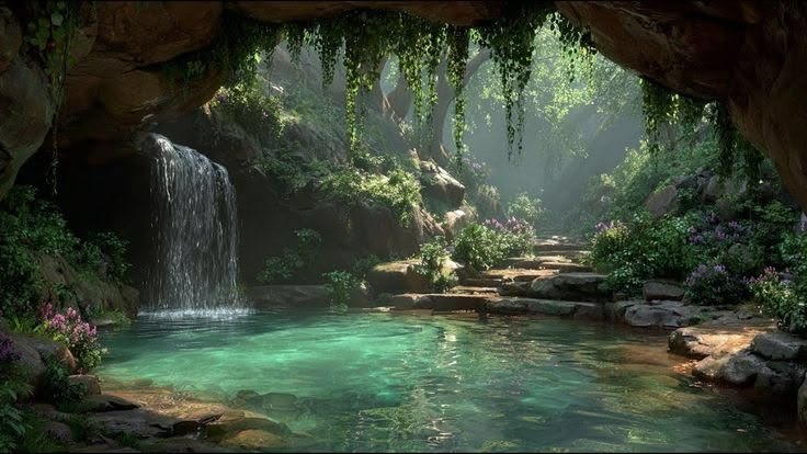 A hidden grotto with a waterfall falling into a clear green pool, stone steps leading away through ferns and flowers.