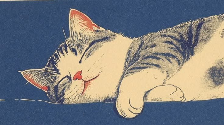 A woodblock-style print of a tabby cat asleep on a deep blue background.