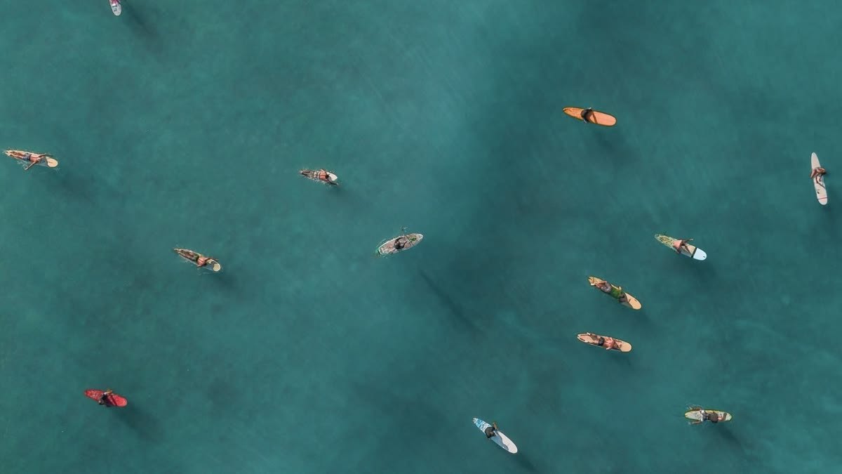 Surfers on coloured boards seen from directly above, spread across calm teal water.