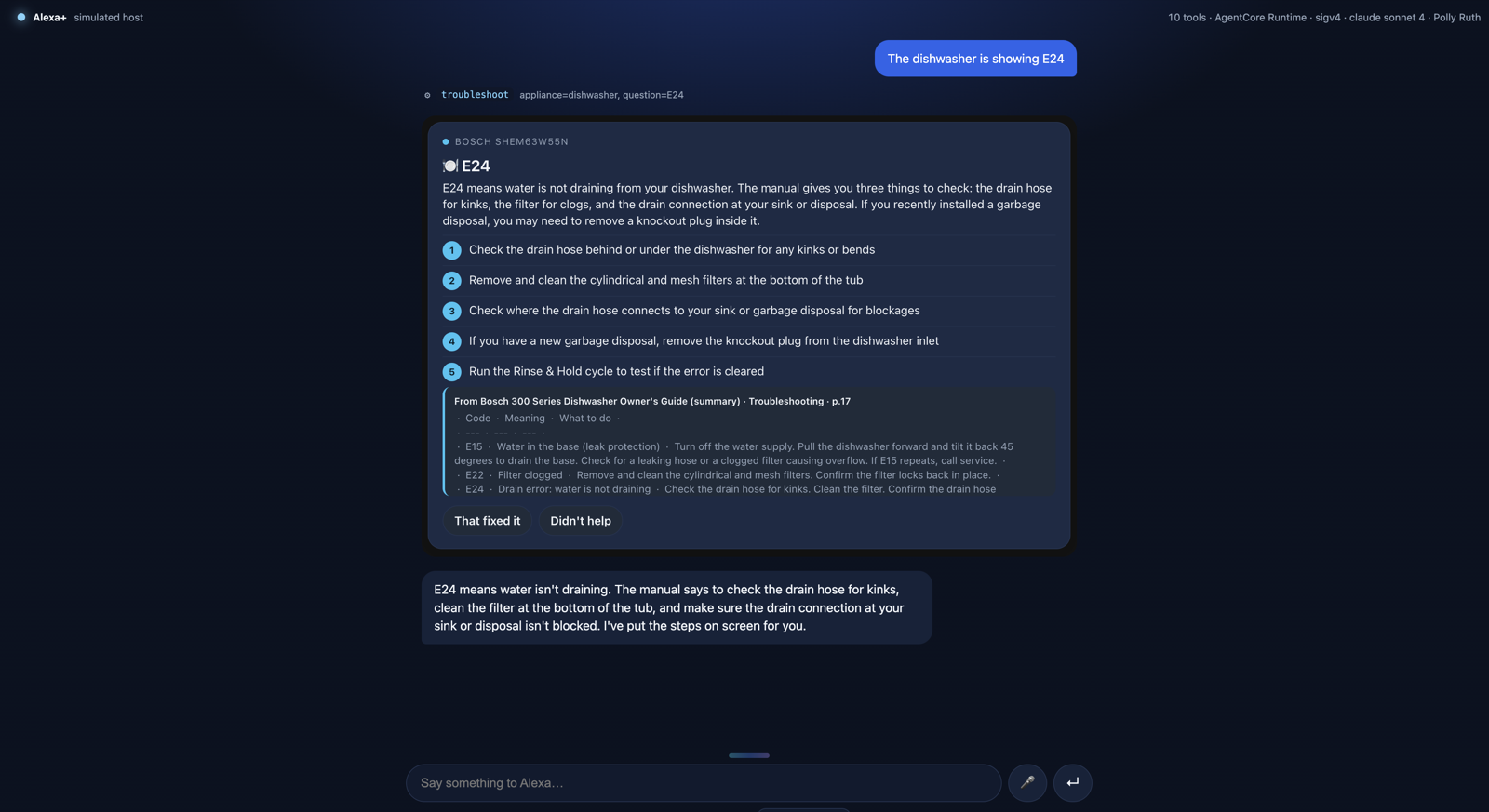 Simulated Alexa+ host showing HomeKeeper's troubleshooting card for a Bosch dishwasher E24 error, with steps from the manual and the source excerpt