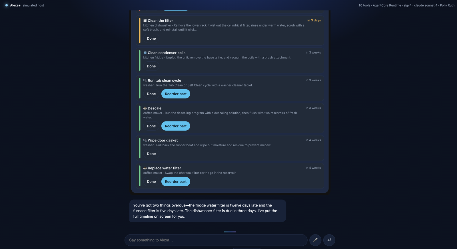 Maintenance timeline card listing tasks due in the coming weeks with Done and Reorder part buttons, and Alexa's spoken summary of what is overdue